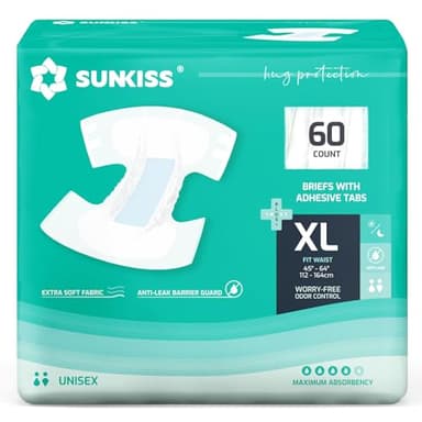 SUNKISS Adult Nappies with Maximum Absorbency, Disposable Adult Diapers for Men and Women, Odor Control, Comfortable, XLarge, 60 Count (4 Packs of 15)