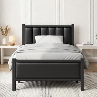 Frost IX Single Bed Frame with Upholstered Headboard, 3ft Metal Beds with Sturdy Steel Slats Support Platform, Black Single Bed with Storage, Noise Free, Easy Assembly, No Box Spring Needed