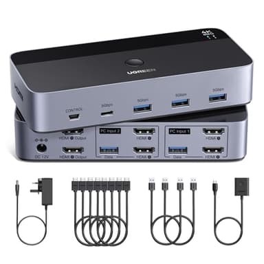 UGREEN HDMI KVM Switch 2 Monitors 2 Computers Support 4K@60Hz, 4 Port USB3.0 KVM Switches for 2 Computers Share Keyboard/Mouse/Hard Drives and 2 Monitor, KVM with 2 USB Cables and 4 HDMI Cable