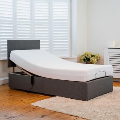 Backcarebeds Adjustable Electric Single Bed with Memory Foam Mattress (Woven Graphite) Adjustable Single Bed with Mattress Included. Includes Base, Headboard, Mattress & Mechanism.