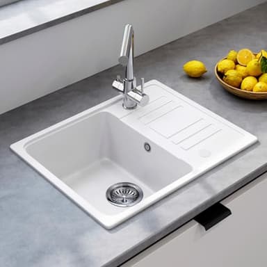 HOROW Quartz Single Bowl Reversible White Kitchen Sink 57x45 cm,Push-to-Drain/Store Water, Scratch-Resistant, Stain-Proof, Self-Healing,with Drain Fittings & Overflow