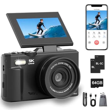 5K Digital Camera, 75MP WiFi Vlogging Camera with 180° Flip Screen, Autofocus, 18X Zoom, 64GB Card, 2 Batteries, Compact Point and Shoot Digital Cameras for Beginner Teens Student Kids(Black)