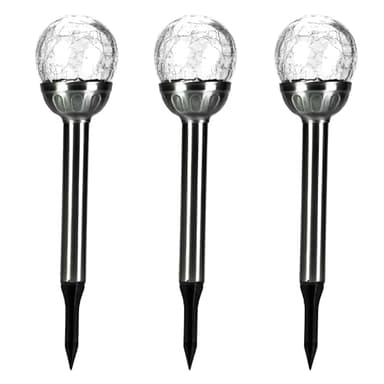 Status Sydney Outdoor Garden Solar Light / 3 Pack of 8 cm White Light LED Stainless Steel Stakes/Crackle Glass Ball/Waterproof Garden Ornament/Rechargeable Battery Included [Energy Class E]