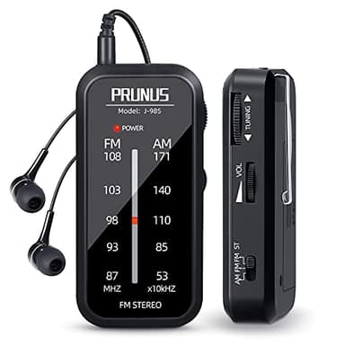 PRUNUS J-985 Pocket Radio Portable, AM FM Small Radios with Headphones and Back Clip, Mini Radios Transistor Supports FM Stereo, AAA Battery Operated Radio for Walking, Running, Fishing