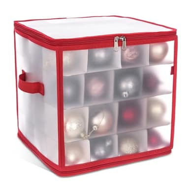 Christmas Village Bauble and Decoration Storage Cube with Padded Dividers for 64 Xmas Ornaments – Heavy Duty Folding 4 Layer Holder with Separators, Zipped Lid and Handles (Red)