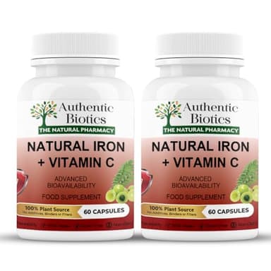 Authentic Biotics Iron & Vitamin C Supplement – 60 Vegan Capsules – Plant-Based Iron from Curry Leaves & Vitamin C from Amla – Supports Energy, Immunity & Reduces Tiredness – 2 Month Supply