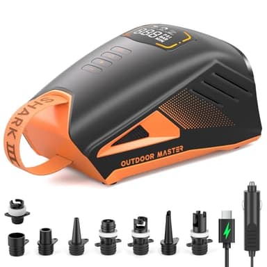OutdoorMaster Shark 3 Paddle Board Pump Electric - 3'50" Fast Inflation, 20PSI 74Wh Rechargeable SUP Air Pump- Auto-Off & Deflation, 12V/15.8V DC & Type-C Input, 8 Nozzles for Inflatables, Boats,Kites