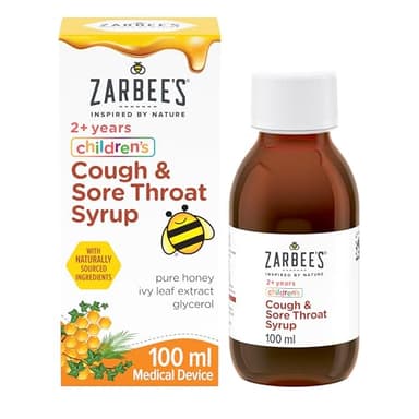 Zarbee's Children’s Cough & Sore Throat Syrup (1x 100ml), For Kids Aged 2+, Honey-Based Relief for Dry or Chesty Cough, Sore Throat Relief, Alcohol Free, Free from Lactose