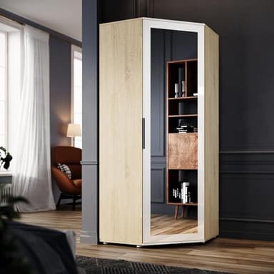 ELEGANT Corner Large Mirrored Wardrobe with 2 Hanging Rails and 5 Storage Shelves, Modern White Oak High Gloss Door & Matt Bedroom Closet Storage, Space Saving Design