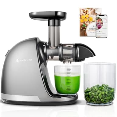 AMZCHEF Juicer Machines - Cold Press Slow Juicer - Masticating Juicer for Whole Fruits and Vegetables - Delicate Chew No Need to Filter - BPA Free Juice Extractor with 2 Cups and Brush - Grey