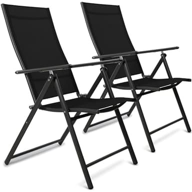 SUNMER Folding Garden Chairs - Set of 2 High Back, 7-Position Reclining Sun Lounger - 120kg Heavy Duty Capacity, Lightweight 5.1kg Portable Design - Professional Outdoor Recliner Seating - Black