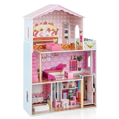 COSTWAY Wooden Dollhouse, Large 3-Storey Kids Playhouse with Simulated Rooms, Furniture Accessories, DIY Pretend Dolls House Playset for 3 Years Old+