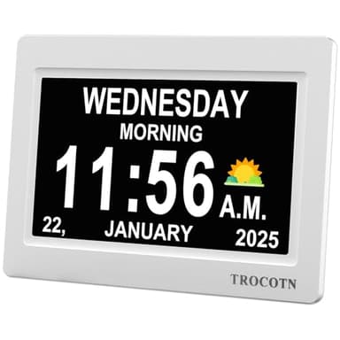 TROCOTN Dementia Clock, Digital Clock with Date and Day for Elderly Use, Large Display with Auto-Dimming for Bedroom and Living Room (7 Inches White)