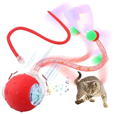 Interactive Cat Toy Ball, USB Rechargeable 360° Automatic Moving Pet Ball with 3 Motion Modes Chirping Bird Sound and Tails, Speedy Active Rolling Balls with Led Light for Indoor Cats Adult and Kitten