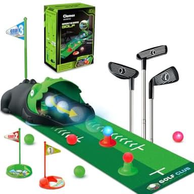 Clemas Upgraded Kids Toy Golf Set with Automatic Ball Returner, Led Light Up Golf Balls, 3 Clubs, Putting Mat, 3-5 Toddler Mini Golf Games, Indoor Outdoor Sport Toys Gifts for Boys Girls Aged 3 4 5 6