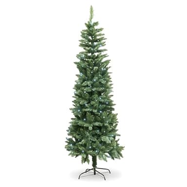 7Ft/2.1m Pre-Lit Green Christmas Tree Slim Tree Pine Narrow Xmas Tree, Pointed Tips, Metal Stand, Cool White LED Lights, Holiday Home Decorations