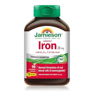 Jamieson Iron 28 mg, with Folic Acid, Vitamin B2, Vitamin B12, and Vitamin C, to Reduce Tiredness and Fatigue, with Enhanced Absorption, and Gentle on The Stomach. 90 Vegetarian Capsules