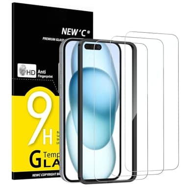 NEW'C 3 Pack Designed for iPhone 16, iPhone 15 Screen Protector (6.1 inches),Enhanced Tempered Glass Protection with easy installation tool included,Case Friendly Ultra Resistant