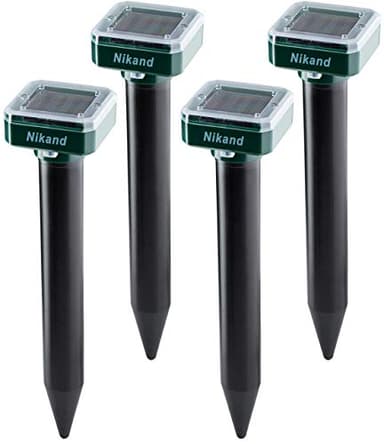 NIKAND Solar Mole Repellent Ultrasonic 4 Pack Outdoor Powered Sonic Deterrent - Mole Stopper Scare Vole for Lawn Garden & Yard Home - Groundhog Repeller Snake Rodent Gopher Spikes Chaser Pest (4 Pack)