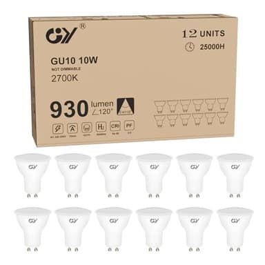 GY GU10 LED Bulbs Warm White 2700K 10W 930lm, Energy Saving High Lumen Light Bulbs Equivalent to 100W,120° Wide Beam Non-dimmable, Pack of 12