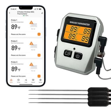 100M Wireless Meat Thermometer, Bluetooth Meat Thermometer with Temperature Alarm for Remote Monitoring of Grills, Ovens, Smokers and Air Fryers (4 Probes)