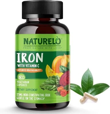 NATURELO Iron Supplement with Vitamin C & Whole Foods - Gentle Pills for Women & Men with Iron Deficiency Including Pregnancy, Anemia and Vegan Diets - 180 Mini Capsules | 6 Month Supply