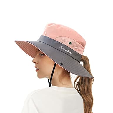 ECOMBOS Womens Sun Hats Wide Brim UV Protection Mesh Foldable Ponytail Bucket Fishing Hat Beach Cap for Fishing Hiking Gardening Outdoor Pink