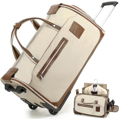 TONRUYN Rolling Garment Bags for Travel Suit Dress Bag with Wheels Handle 55L Carry on Garment Duffle Bag for Women with Shoe Compartment 3 in 1 Foldable Travel Luggage for Business Wedding, Beige