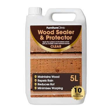 Furniture Clinic Outdoor Wood Preserver - 5L Clear Waterproof Wood Sealant Treatment for Garden Furniture, Fences, Decking & Sheds - Easy Application with a Brush, Roller or as a Spray