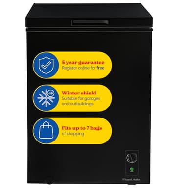 Russell Hobbs Black Chest Freezer 143L Freestanding with 5 Year Warranty, Adjustable Thermostat, Chill or Freeze Function, 4 Star Freezer Rating & Suitable for Outbuildings & Garages RH142CF0E1B