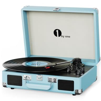 1 BY ONE Bluetooth Record Player Belt-Drive 3-Speed Portable Vinyl Turntable with Built in Speakers, Supports RCA Output, Headphone Jack, MP3, Mobile Phones Music Playback, Turquoise