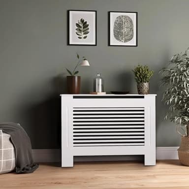 FATIVO Tall Radiator Cover 90cm high, External 92cm Height White Small Heater Covers Inner Height 90cm Horizontal Slats Modern Shelf Thickened Wooden Living Room Bedroom