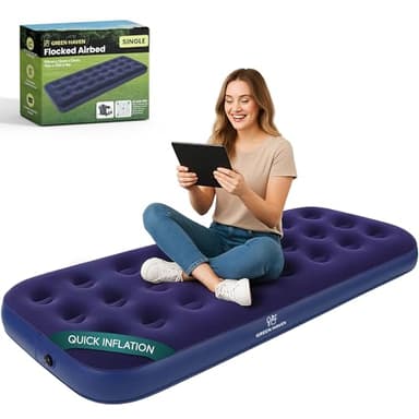Green Haven Single Flocked Airbed – Lightweight Inflatable Camping Mattress with Waterproof Flocked Top – Portable Single Air Bed for Adults & Kids – Ideal for Festivals, Camping & Guest Use