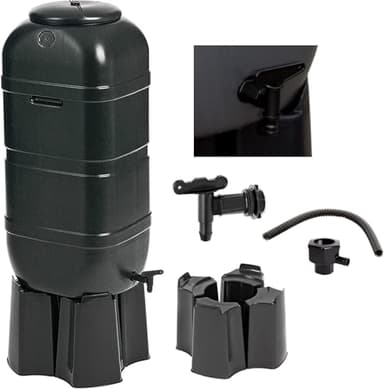 Black Outdoor Slim Line 100 Litre Space Saver Rain Collector Water Butt Kit Complete With Stand, Lid & Diverter