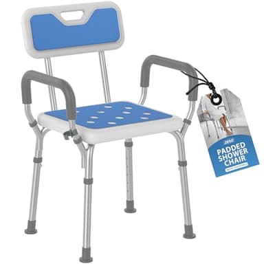 ZENO Shower Chair | Bath Chair for Elderly and Disabled | EVA Padded Shower Stool with Back and Arms, 6 Height Adjustable, 4 Suction Foot Pads | Easy To Assemble | Blue