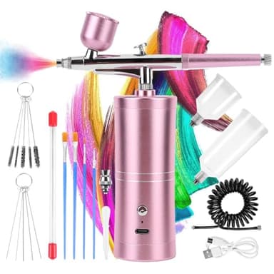Airbrush Kit with Compressor Rechargeable Portable Air Brush Paint Kit High-Pressure Nail Airbrush with Nozzle and Cleaning Brush Set for Nail Art, Makeup, Painting, Cake Decor (Pink)