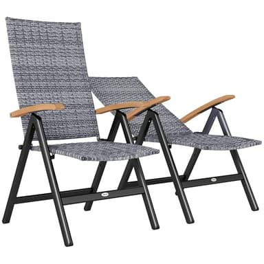 Outsunny Folding Garden Chairs Set of 2, 5-level Reclining PE Rattan Garden Dining Chairs with Wood Armrests, High Back and Steel Frame for Outdoor, Patio, Terrace, Porch, Light Grey