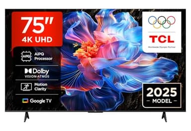 TCL 75V6C-UK 75" 4K Ultra HD, HDR TV, Smart TV Powered by Google TV (Dolby Audio, Voice Control, compatible with Google assistant, Chromecast built-in, 2025 New Model)