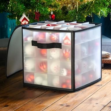 CKB LTD Clear Christmas Bauble Storage Box Cube With Dividers Stores up to 64 Baubles, Foldable Xmas Ornaments and Decorations Container 30 x 30 cm (Transparent)