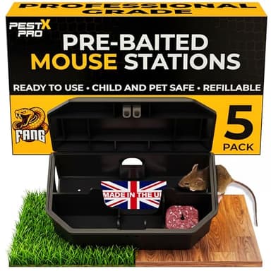 Pest X Pro Fang Pre-Baited Mouse Bait Stations – Secure Mouse Poisoning Indoor and Outdoor Use – Mice Pre Baited Bait Boxes with Brodifacoum for Effective Rodent Control (5 Pack)