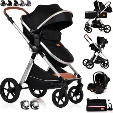 Baby Pram Pushchair Buggy Stroller 3 in 1 with Car Seat Child Lightweight Folding Stroller 3 in 1 Travel System Pram for Newborns Toddlers from Birth New 2026 Style FREEBIES (BBC - Black Silver, BBC)
