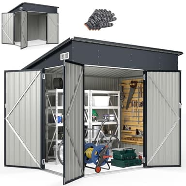 COSTWAY 8 x 4ft/8 x 6ft/10 x 8ft Galvanized Metal Garden Shed with 2 Front Doors & Side Door, Safety Locks, Keys, Sloping Roof & Air Vents, Weatherproof Tool Storage Shed House (8x6ft, 235x174x197cm)
