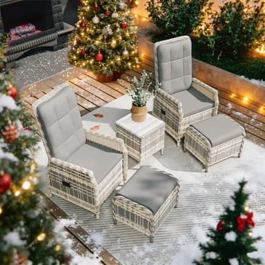 Gotland Garden Furniture Sets, Patio Furniture Set with 2 Adjustable Backrest Chairs, 2 Stools, 1 Cofee Table, Weather-Resistant Rattan Furniture for Patio, Poolside, Balcony, Grey