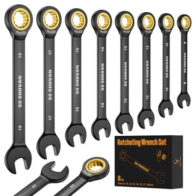 8PCS Ratchet Spanner Set 8-19mm, Combination Spanner Set with 72 Tooth Ratchet Gear, Chrome Vanadium Steel Hand Tools with Storage Box, Metric Size 8, 10, 12, 13, 14, 15, 17, 19mm