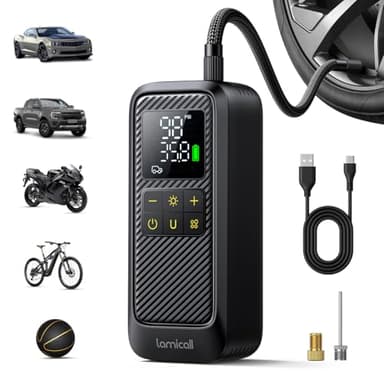 Lamicall Car Tyre Inflator Air Compressor - [5x Faster Inflation] Portable Air Pump with Digital Pressure Gauge & LED Light, 150PSI Electric Tyre Pump with Auto Shutoff for Car, Motorcycle, Bike, Ball