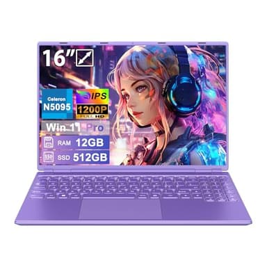 HUQPPQ 16 Inch Laptop 12GB RAM 512GB SSD Celeron N5095, FHD 1920×1200 IPS Display, Gaming Laptops with Win11 Pro,Wi-Fi 6, USB 3.0, Type C, Mini-HDMI, Portable Purple Laptop for Work & School