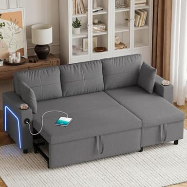 Hello-5ive Sofa Bed, L-Shaped Sleeper Sofa Couch with USB & Type-C Ports, 3 Seater Pull Out Corner Sofa Bed with Storage, Adjustable Lights, Cup Holder, Sectional Sofa for Living Room, Dark Grey