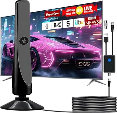 2026 Upgraded TV Aerial, Indoor TV Aerial with SignalBooster, Magnetic Base Portable TV Ariels Indoor for 4K108OP Freeview HD Channels