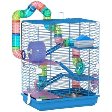 Pawhut 5 Tier Hamster Cage, Gerbil Cage with Tube Exercise Wheels, Tunnel, Water Bottle, Dishes, Blue, 58H x 46L x 30Wcm