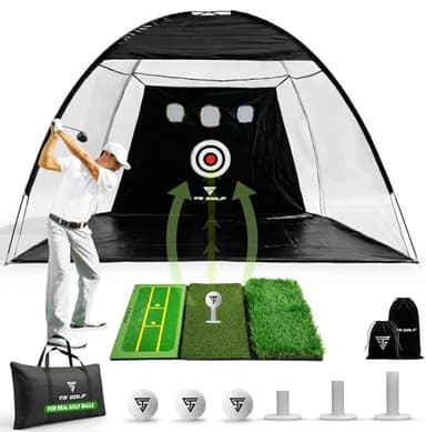 TS GOLF - Golf Practice Net - Indoor & outdoor 10x7ft - XL Tri-Turf driving net and Mat, 5 Balls, 3 Rubber Tees, Carry Bag, Chipping net, golf nets for backyard driving